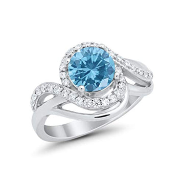 Art Deco Round Engagement Ring Simulated Aquamarine CZ Swirl 925 Sterling Silver